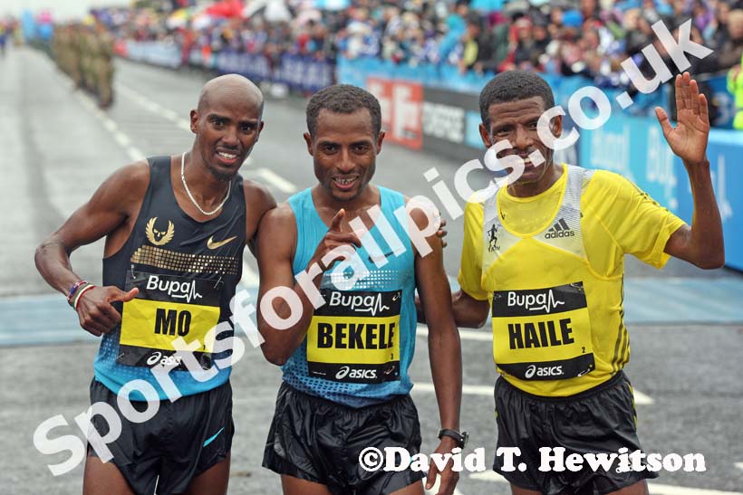From left to right: 2nd Mo Farah, winner Kenenisa Bekele and 3rd Haile Gebrselassie lin the BUPA Great North Run.